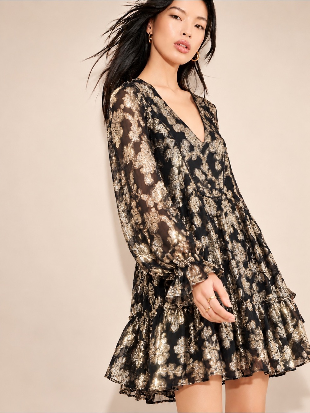 Anthropologie Black Gold Metallic Floral Chiffon Mini Dress M Boho Party Y2K